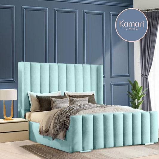 Aqua Velvet Luxe Bed Frame - Vertical Tufted Design