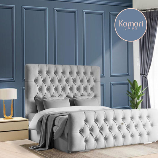 Chic Gray Velvet Bed with Tufted Design