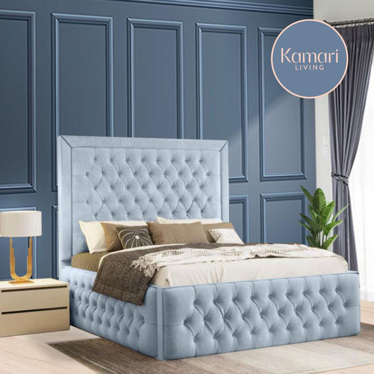 Sophisticated Light Blue Velvet Bed with Modern Accents