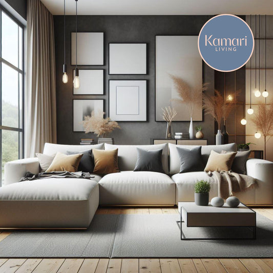 Apries modern corner sofa in soft neutral tones with warm accent cushions and contemporary wall art in a stylish living room by Kamari Living