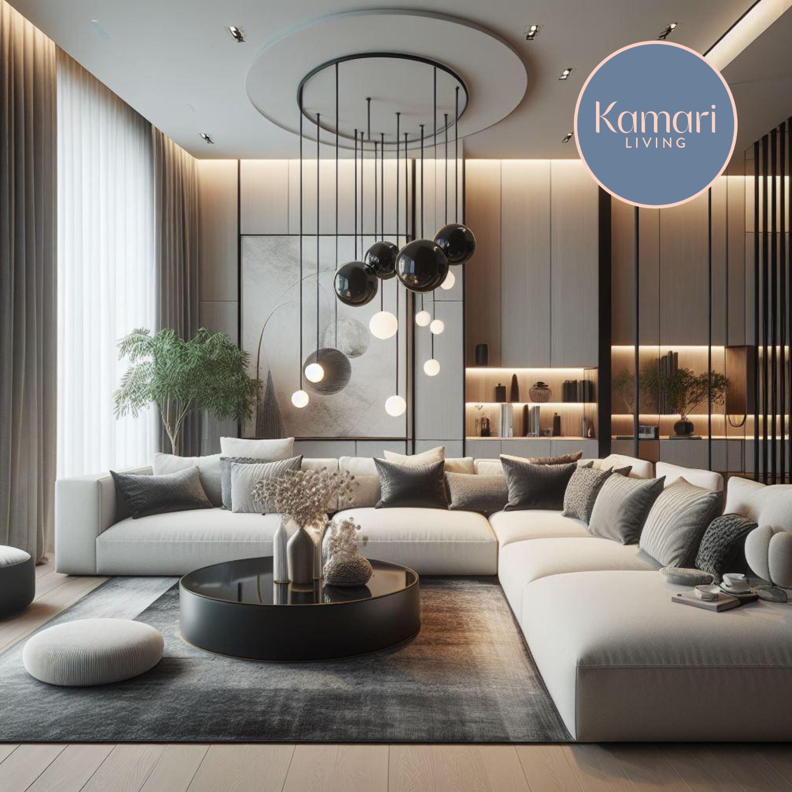 Darius modern luxury corner sofa in a sleek contemporary living room with ambient lighting and black accent décor by Kamari Living