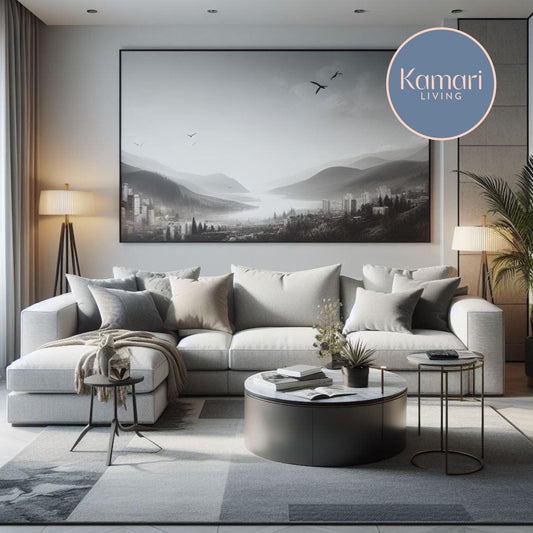 Inaros modern luxury grey sofa in a contemporary neutral-toned living room by Kamari Living