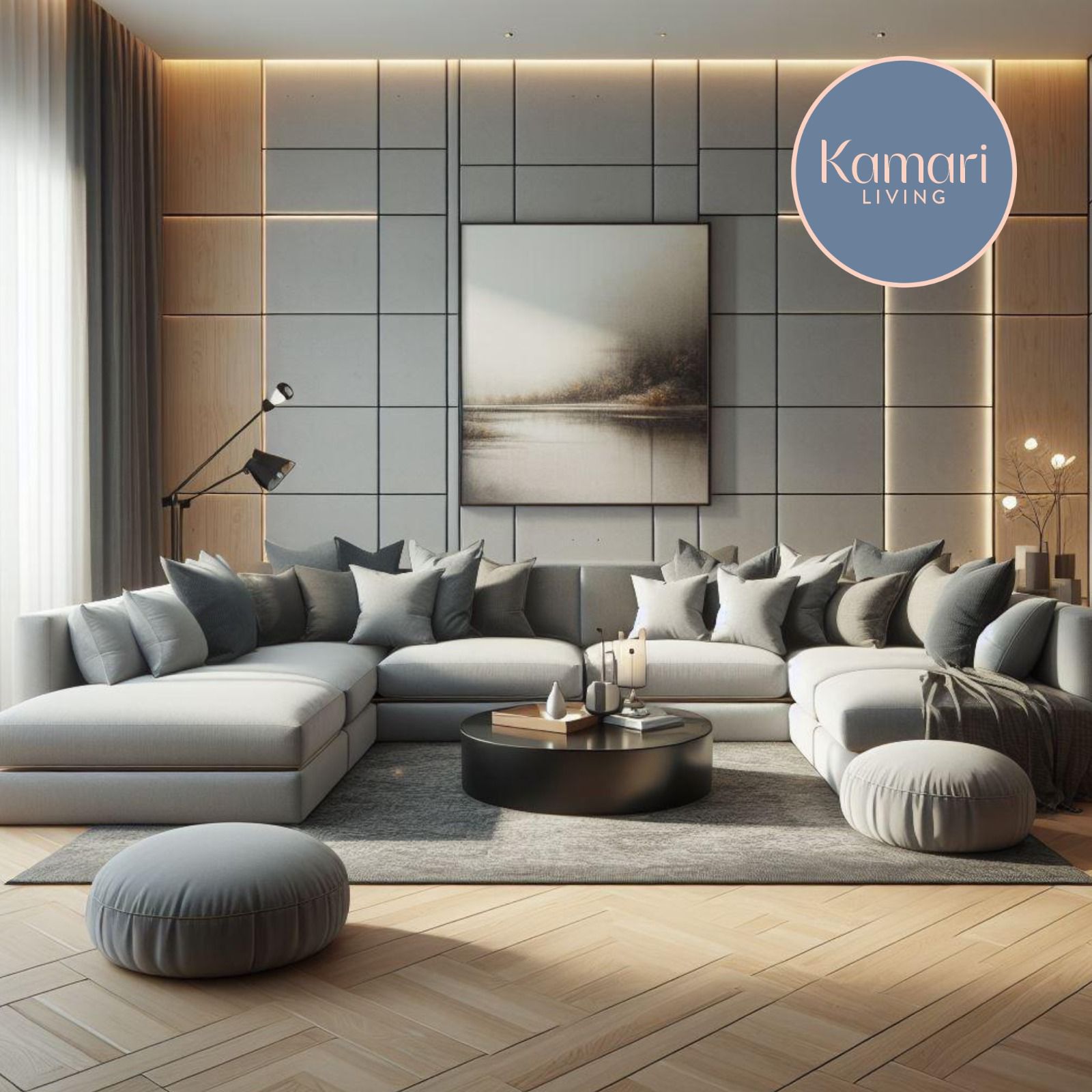 Osorkon luxury modern grey sectional sofa in contemporary living room by Kamari Living