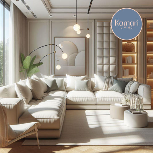 Pami cream luxury corner sofa styled in a sunlit modern living room with soft neutral tones by Kamari Living