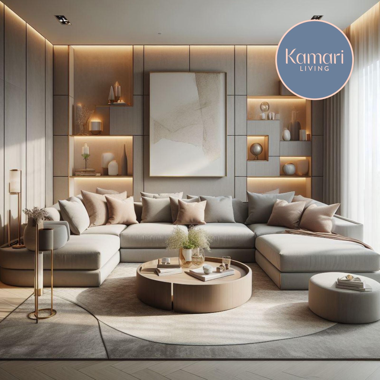 Teos luxury U-shaped sofa in a warm neutral living room with soft lighting, built-in shelving, and blush-toned cushions by Kamari Living