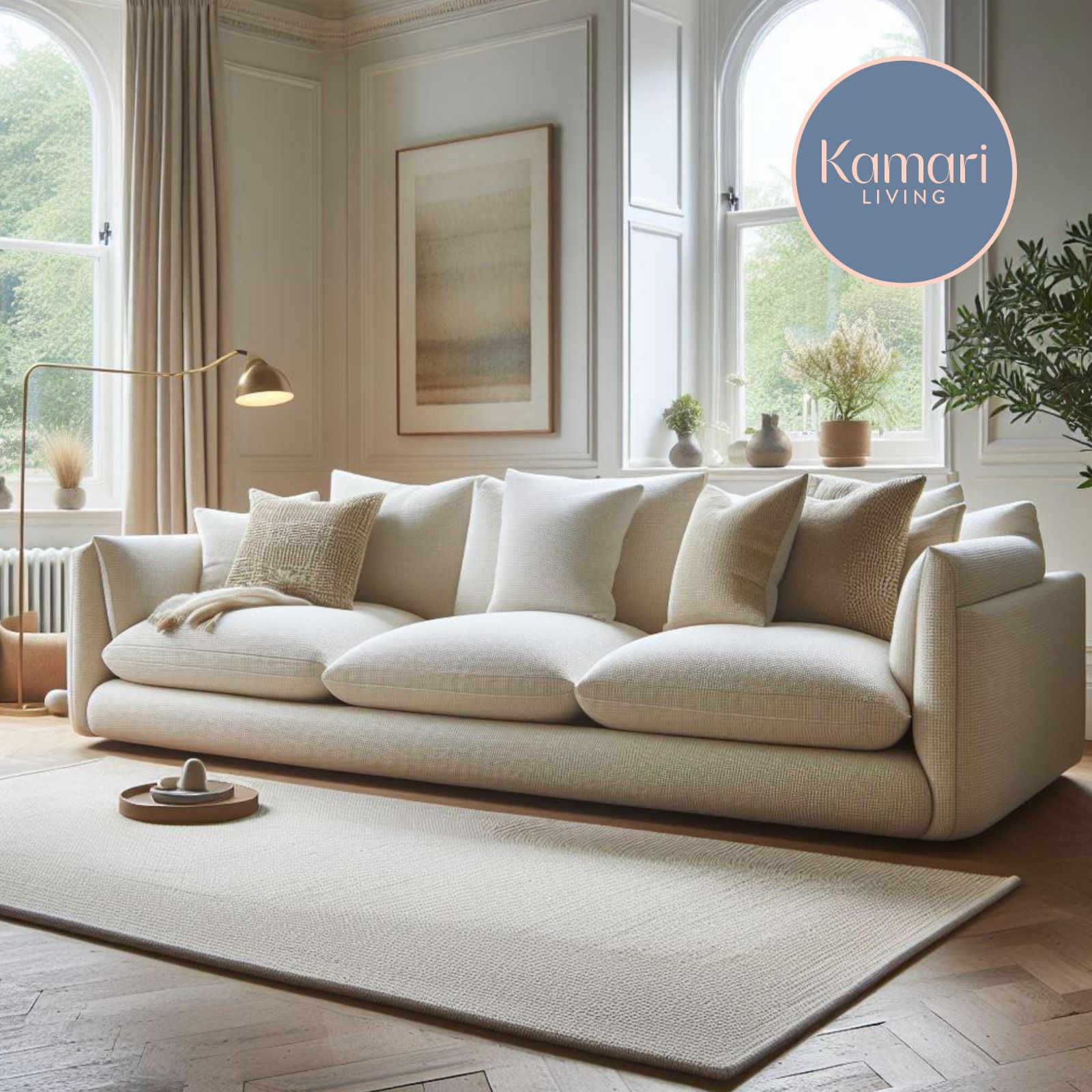 Thamphthis deep-cushion sofa in a light neutral fabric, styled in an elegant period living room with arched windows, soft textures, and natural accents by Kamari Living